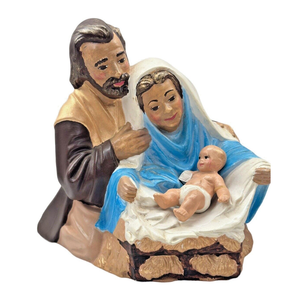 Jesus Mary Joseph Painted GILDED Nativity Statue Figure Nativity DAMAGED Vintage
